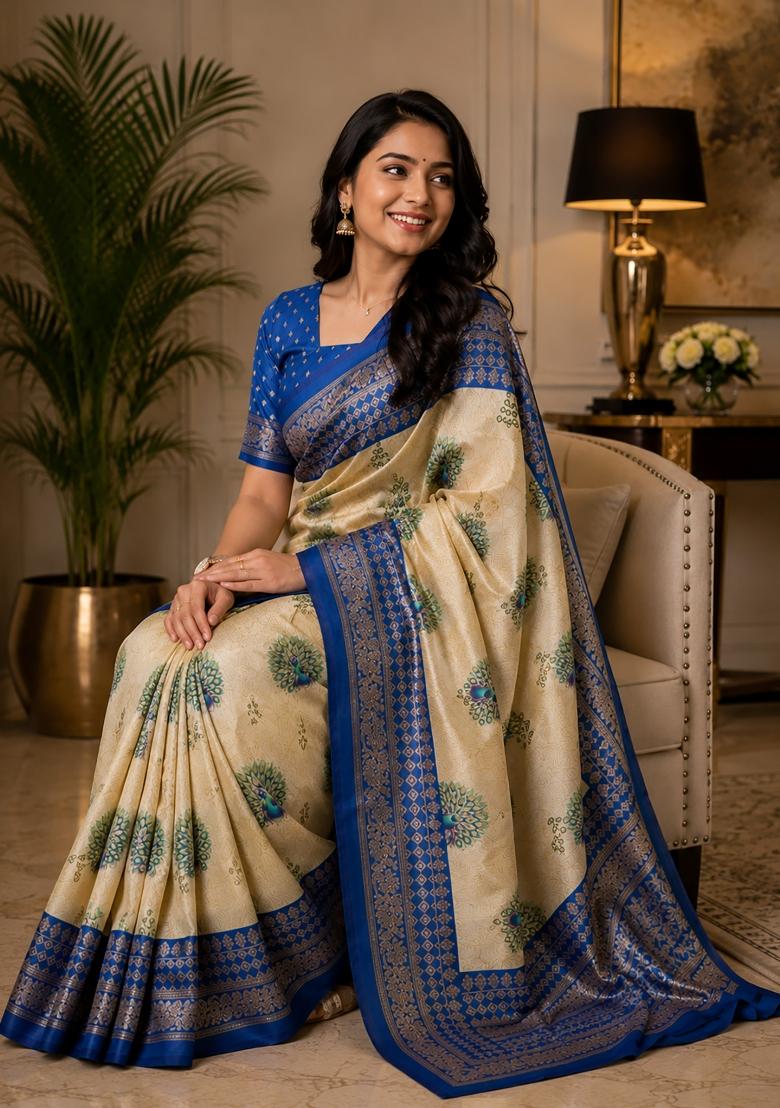 Cream Peacock Feather Chanderi Saree Set - Indya