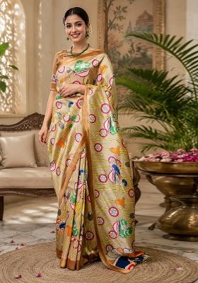 Beige Kalamkari Chanderi Saree Set