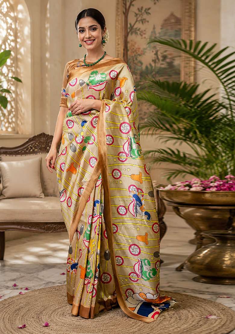 Beige Kalamkari Chanderi Saree Set for Diwali and Festive Wear - Indya