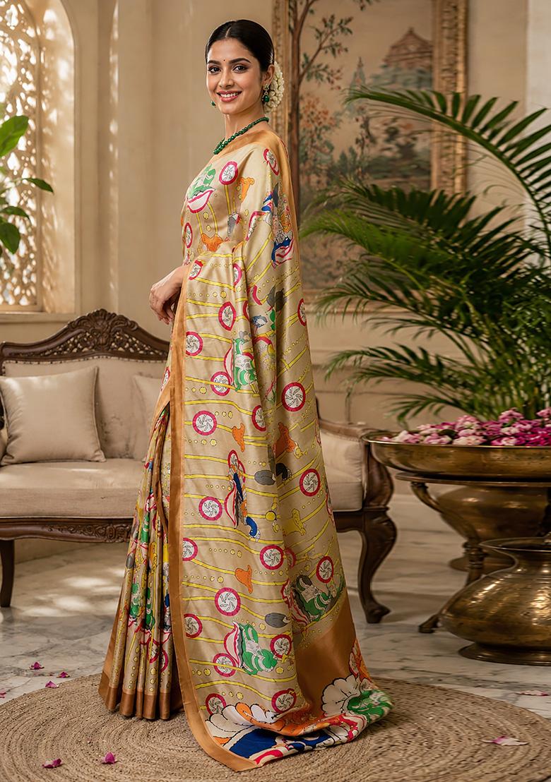 Beige Kalamkari Chanderi Saree Set - Indya