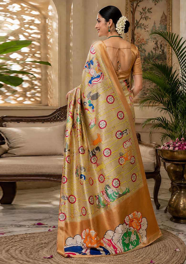 Beige Kalamkari Chanderi Saree Set for Diwali and Festive Wear - Indya