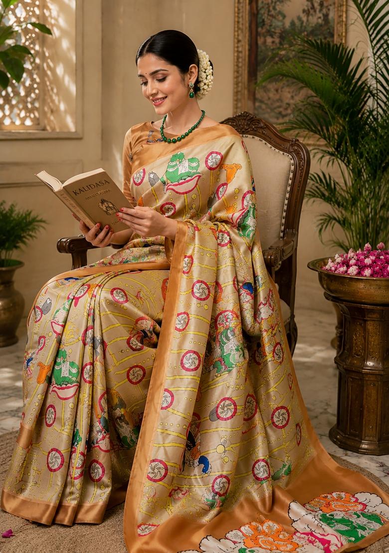 Beige Kalamkari Chanderi Saree Set - Indya