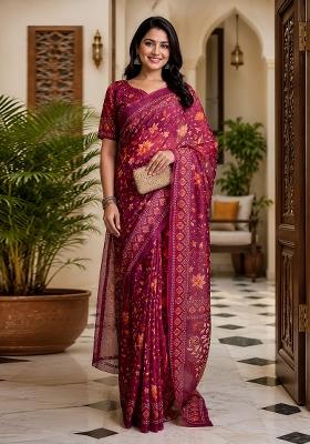 Wine Floral Print Chanderi Saree Set