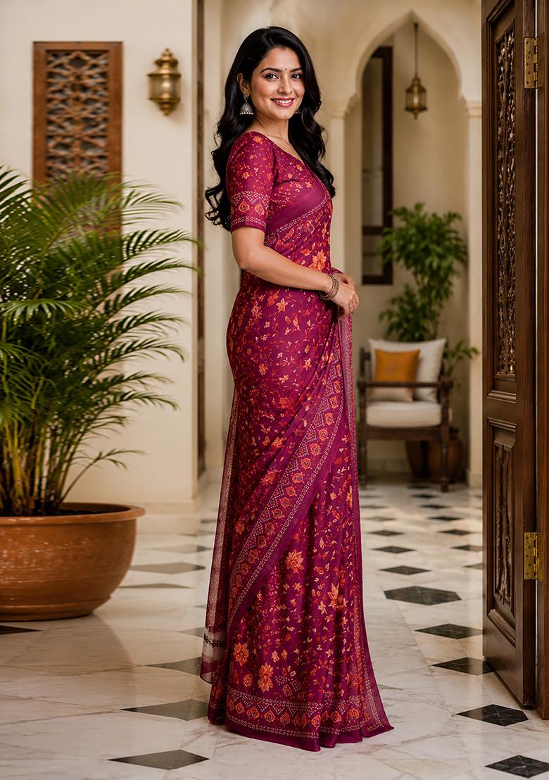 Wine Floral Print Chanderi Saree Set - Indya