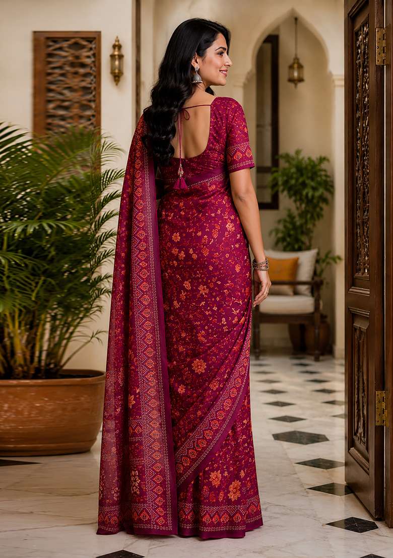 Wine Floral Print Chanderi Saree Set for Diwali and Festive Wear - Indya