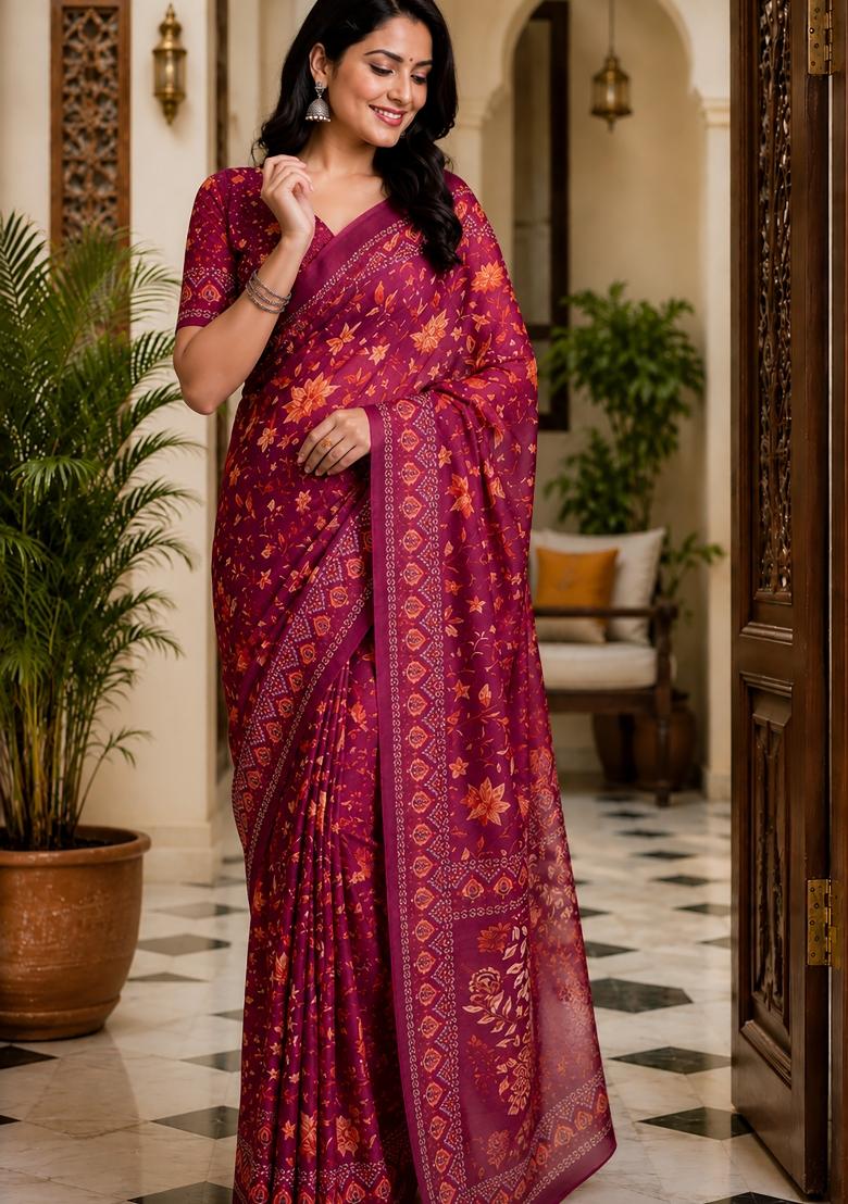 Wine Floral Print Chanderi Saree Set - Indya