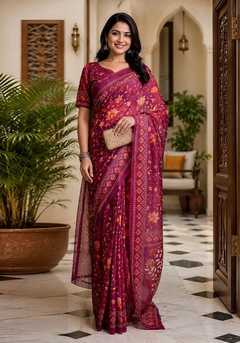 Wine Floral Print Chanderi Saree Set