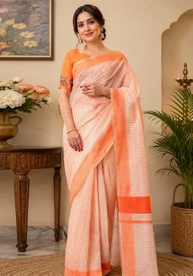 Beige And Orange Striped Chanderi Saree Set