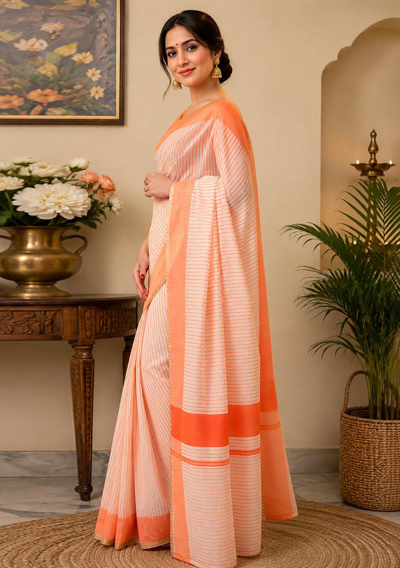 Beige And Orange Striped Chanderi Saree Set - Indya
