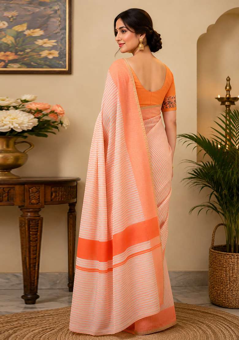 Beige And Orange Striped Chanderi Saree Set for Diwali | Wedding & Festive Wear - Indya