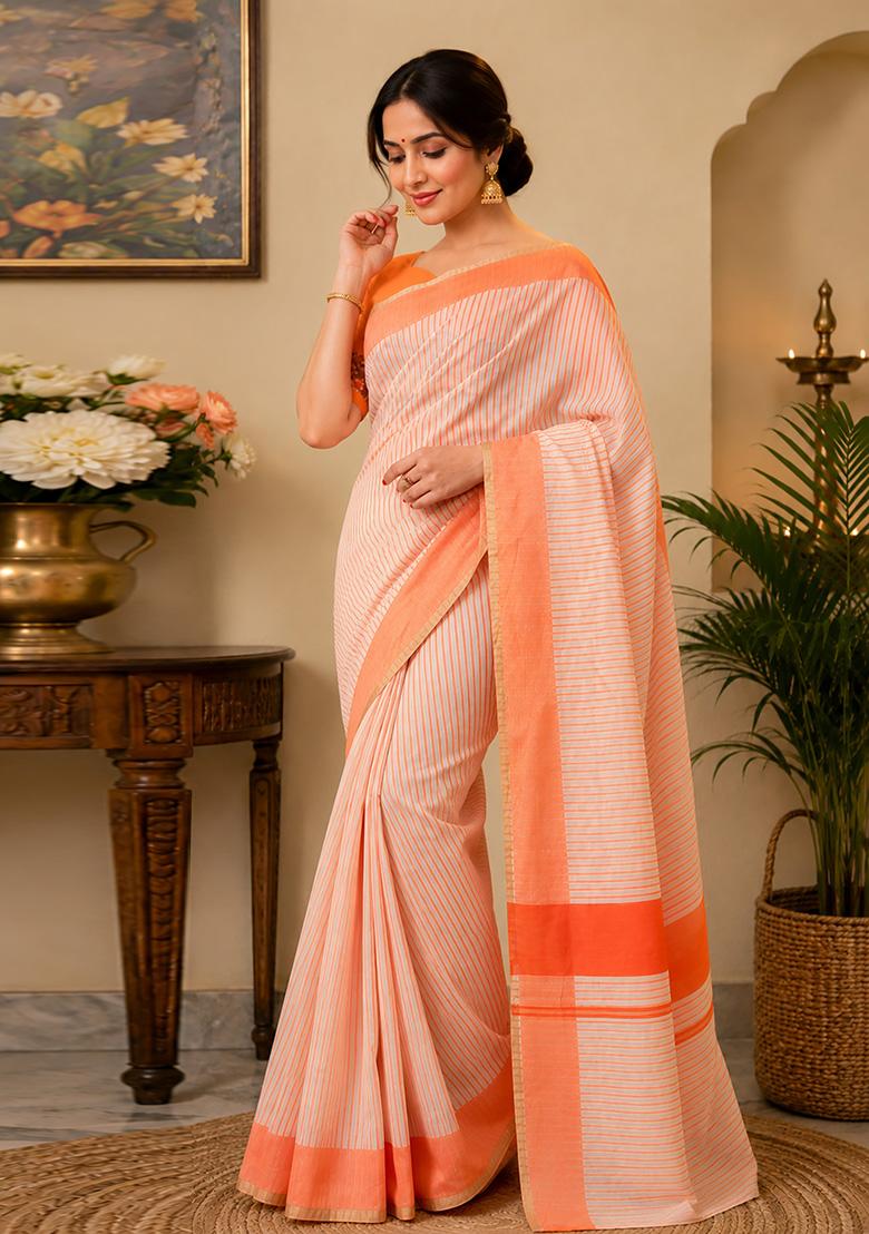 Beige And Orange Striped Chanderi Saree Set - Indya