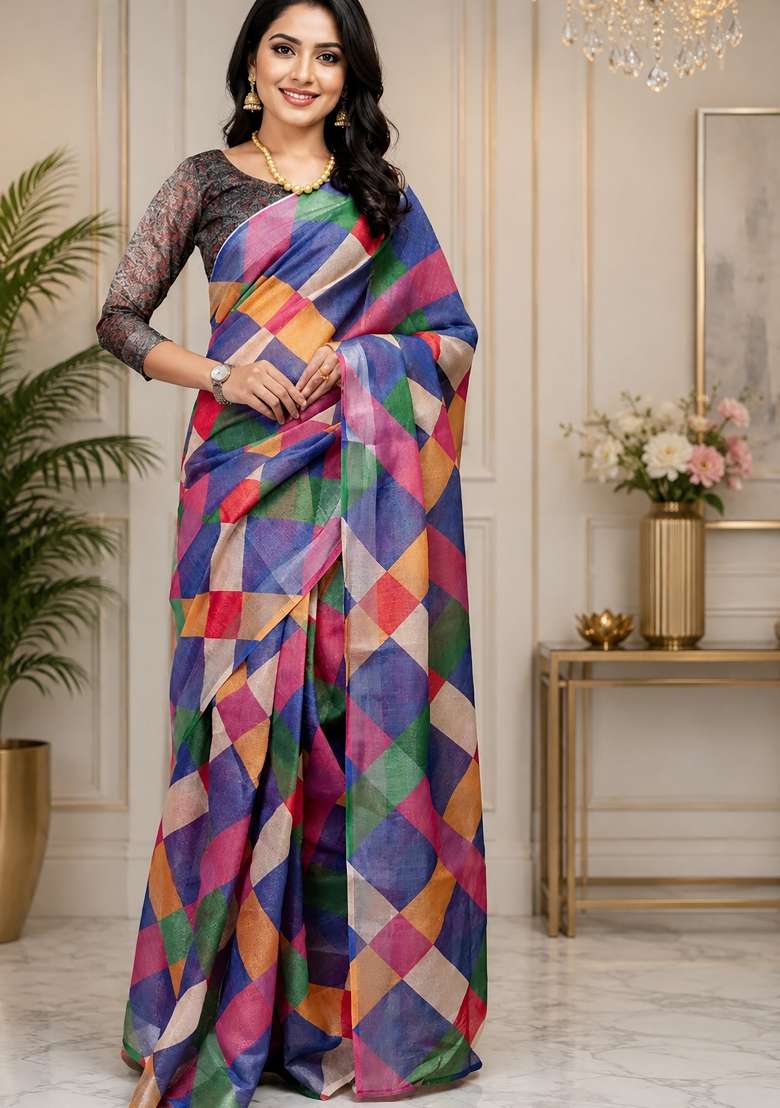 Multicolor Checked Chanderi Saree Set for Diwali and Festive Wear - Indya