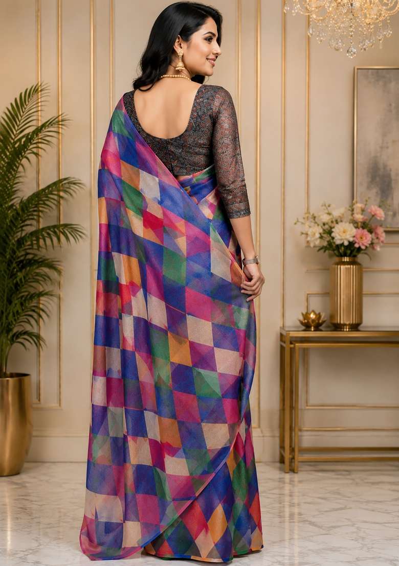 Multicolor Checked Chanderi Saree Set for Diwali and Festive Wear - Indya