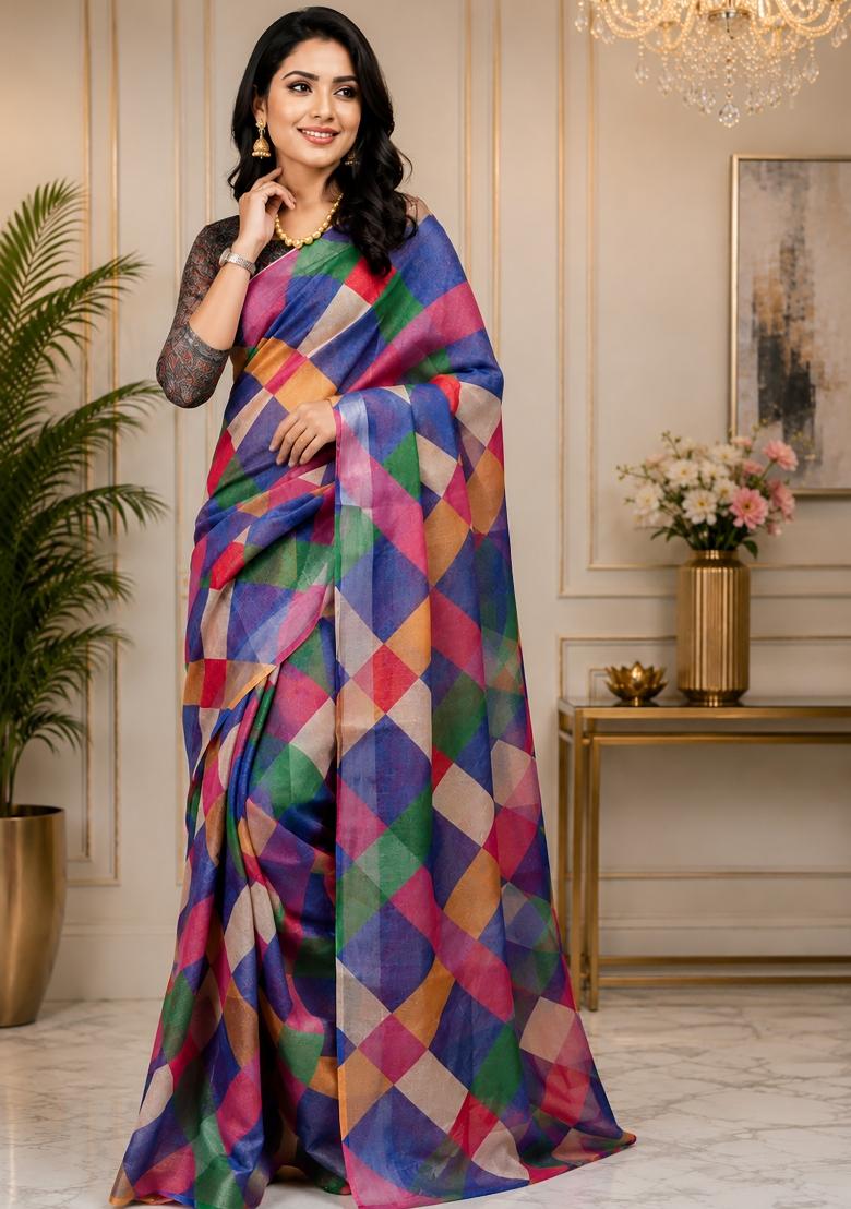 Multicolor Checked Chanderi Saree Set - Indya