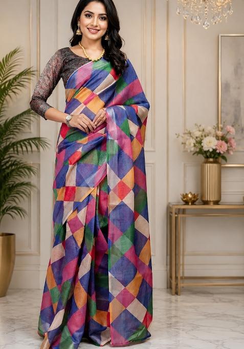 Multicolor Checked Chanderi Saree Set