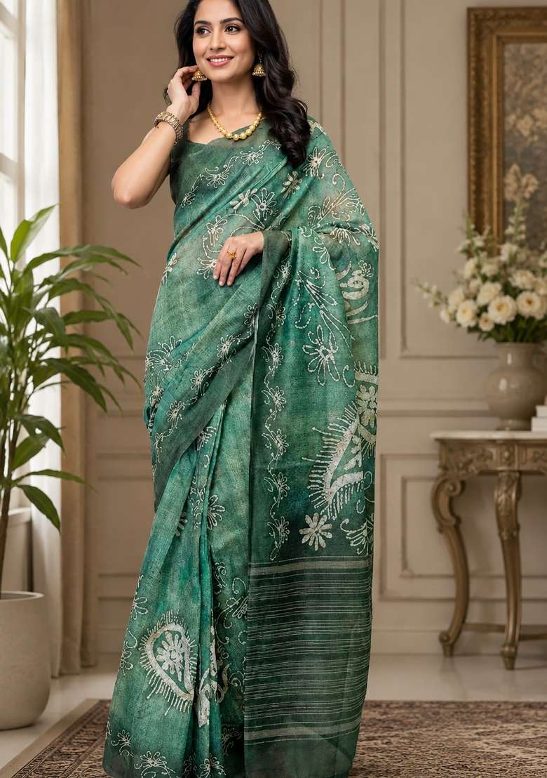 Forest Green Batik Style Chanderi Saree Set for Diwali | Wedding & Festive Wear - Indya