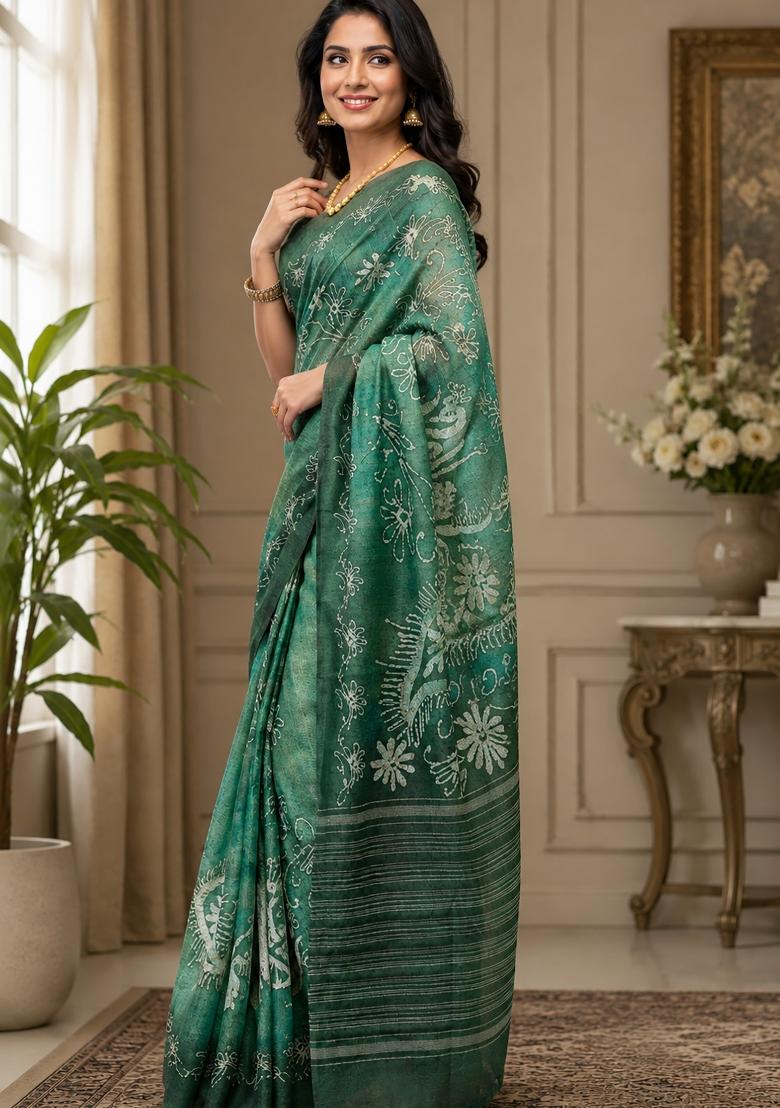 Forest Green Batik Style Chanderi Saree Set - Indya