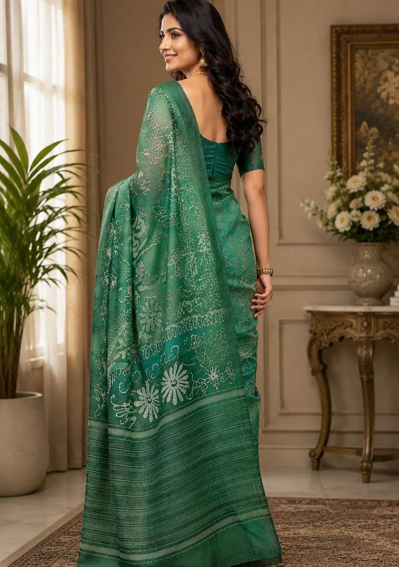 Forest Green Batik Style Chanderi Saree Set for Diwali | Wedding & Festive Wear - Indya