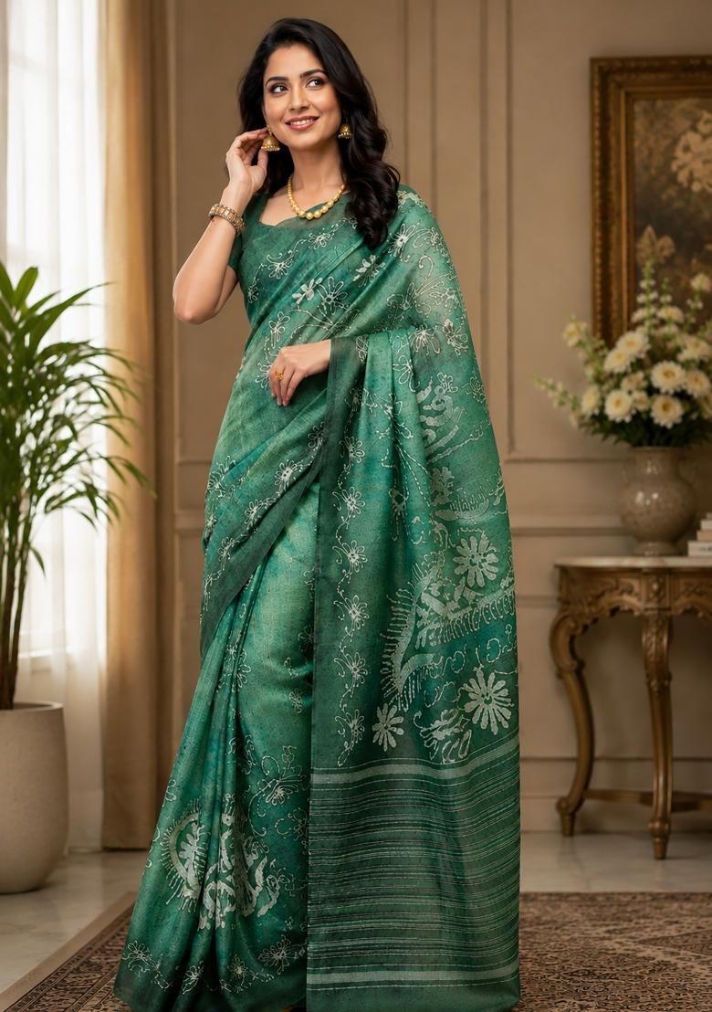 Forest Green Batik Style Chanderi Saree Set - Indya