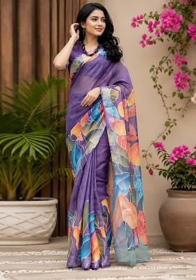Purple Leaf Print Chanderi Saree Set