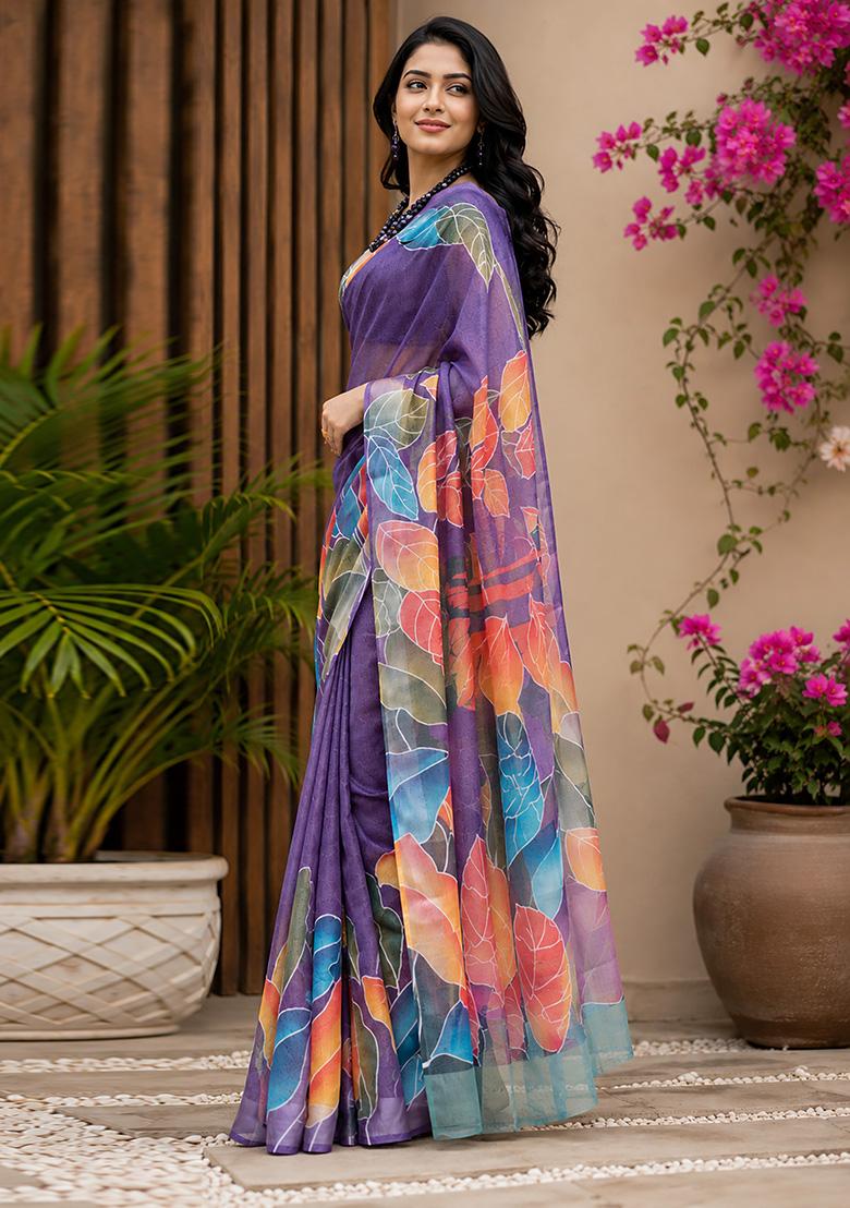 Purple Leaf Print Chanderi Saree Set - Indya