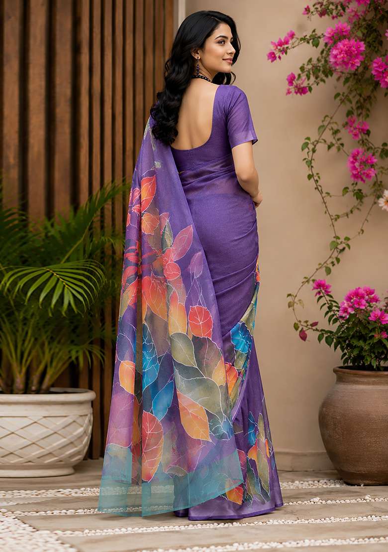 Purple Leaf Print Chanderi Saree Set for Diwali | Wedding & Festive Wear - Indya