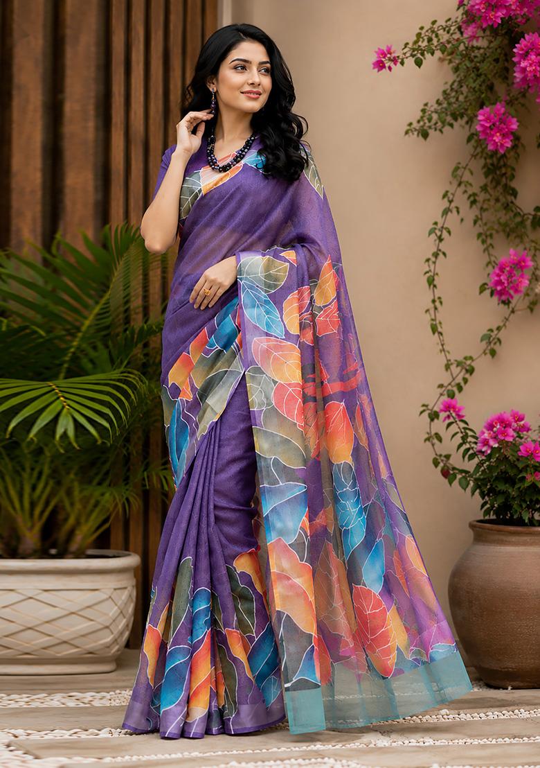 Purple Leaf Print Chanderi Saree Set - Indya