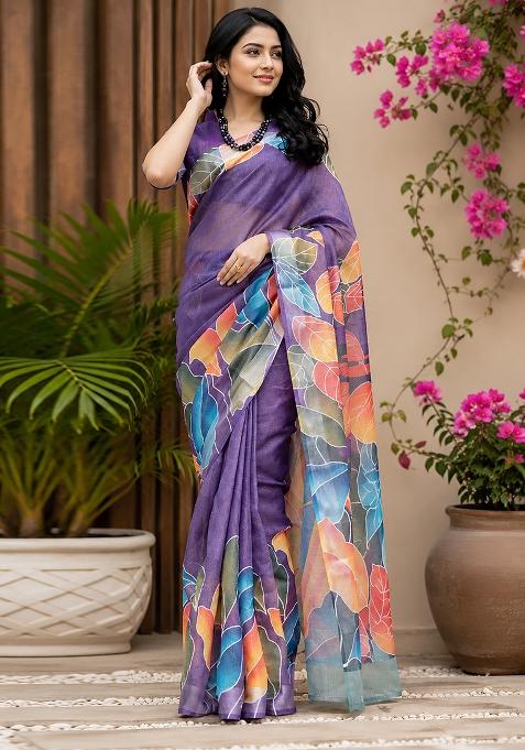 Purple Leaf Print Chanderi Saree Set
