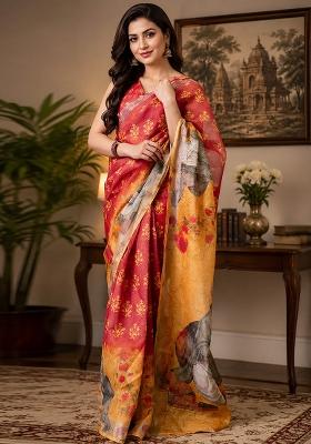 Red And Orange Floral Print Chanderi Saree Set