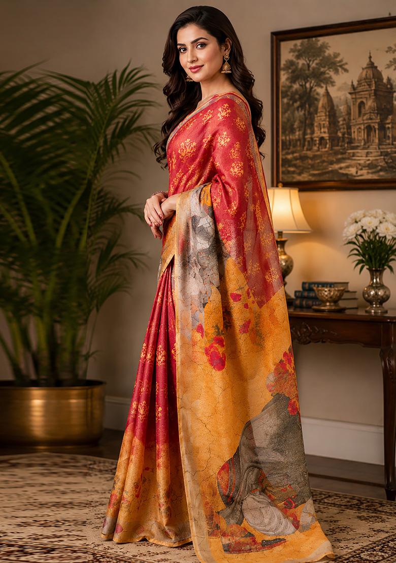Red And Orange Floral Print Chanderi Saree Set - Indya