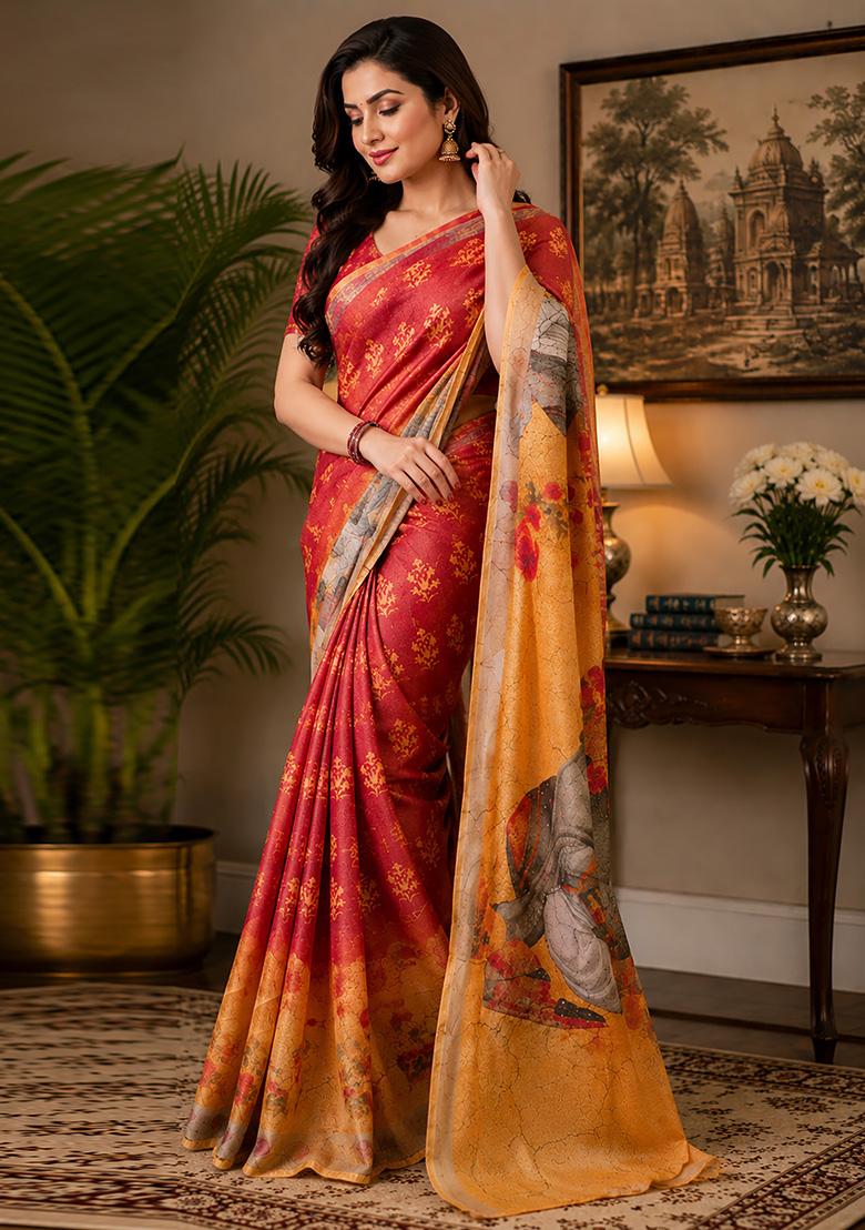 Red And Orange Floral Print Chanderi Saree Set - Indya