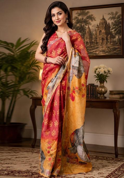 Red And Orange Floral Print Chanderi Saree Set