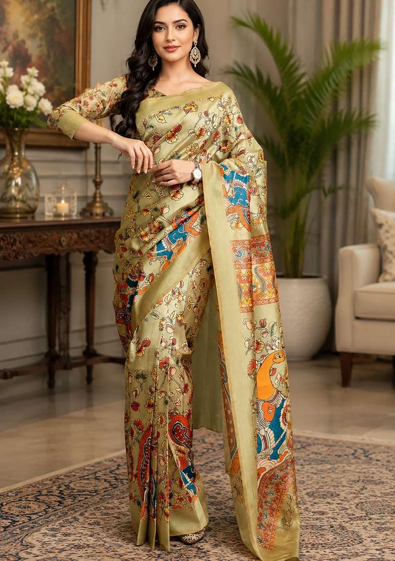 Ivory Kalamkari Chanderi Saree Set for Diwali and Festive Wear - Indya