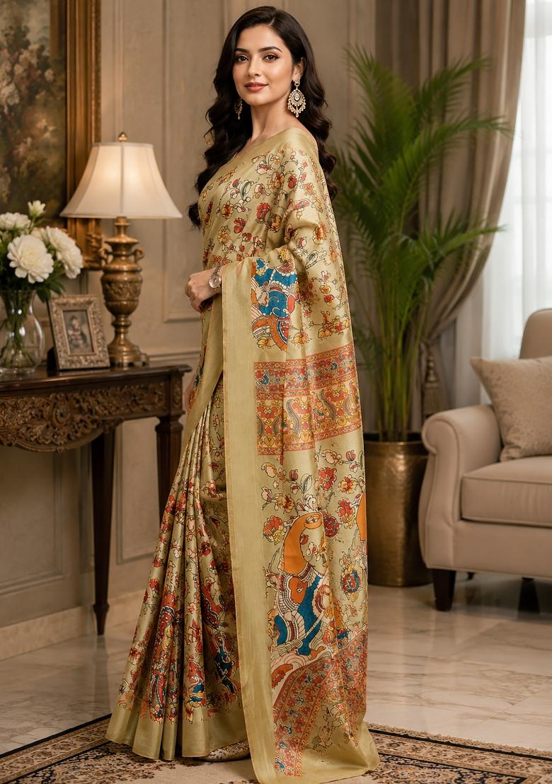 Ivory Kalamkari Chanderi Saree Set - Indya