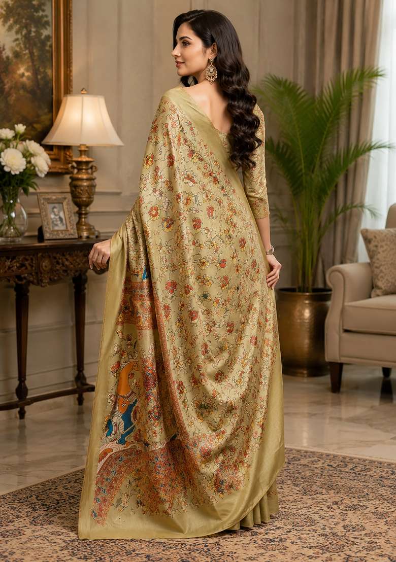 Ivory Kalamkari Chanderi Saree Set for Diwali and Festive Wear - Indya