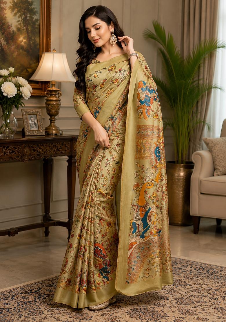 Ivory Kalamkari Chanderi Saree Set - Indya