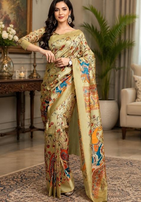 Ivory Kalamkari Chanderi Saree Set