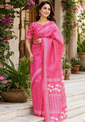 Baby Pink Bandhani Chanderi Saree Set