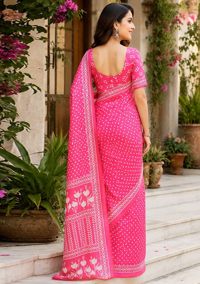 Baby Pink Bandhani Chanderi Saree Set for Diwali and Festive Wear - Indya