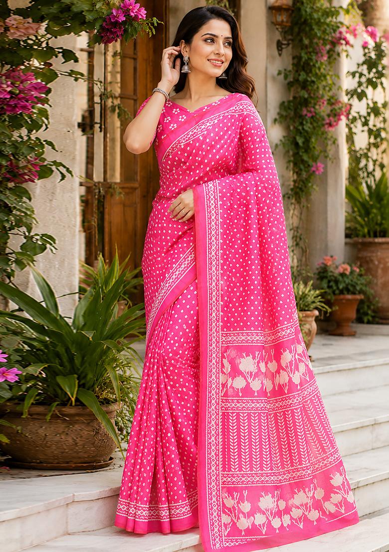 Baby Pink Bandhani Chanderi Saree Set - Indya