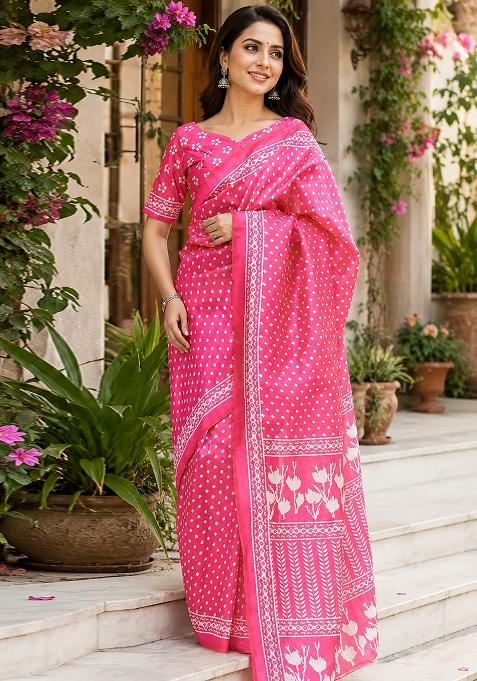 Baby Pink Bandhani Chanderi Saree Set