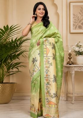 Light Green Tribal Folk Art Chanderi Saree Set