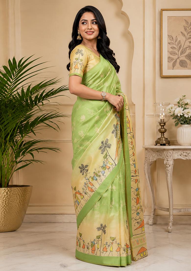 Light Green Tribal Folk Art Chanderi Saree Set - Indya