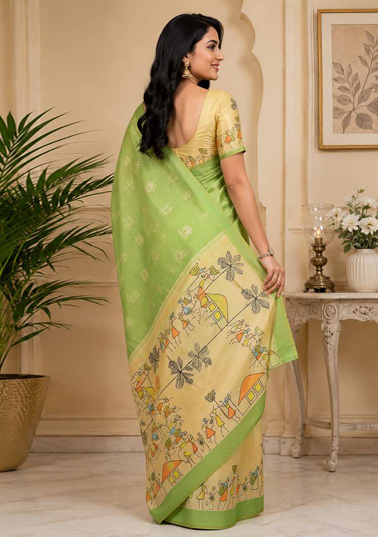 Light Green Tribal Folk Art Chanderi Saree Set for Diwali and Festive Wear - Indya