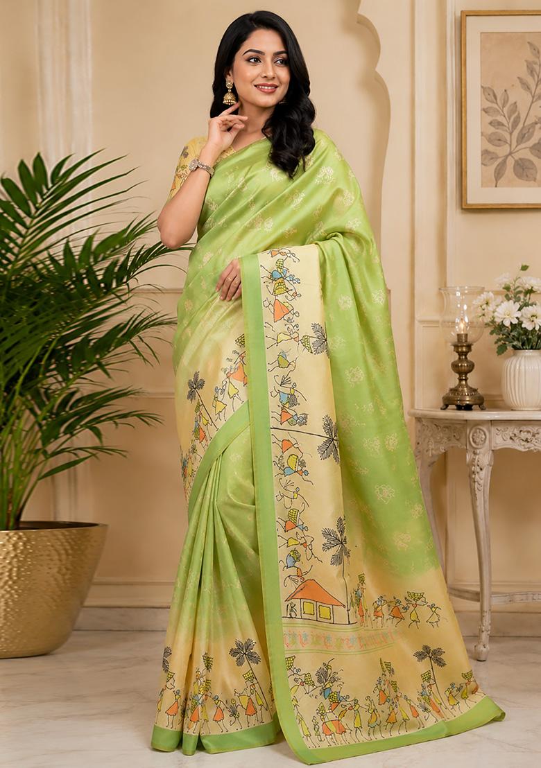 Light Green Tribal Folk Art Chanderi Saree Set - Indya