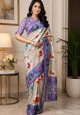 Cream And Lavender Bird Motifs Chanderi Saree Set