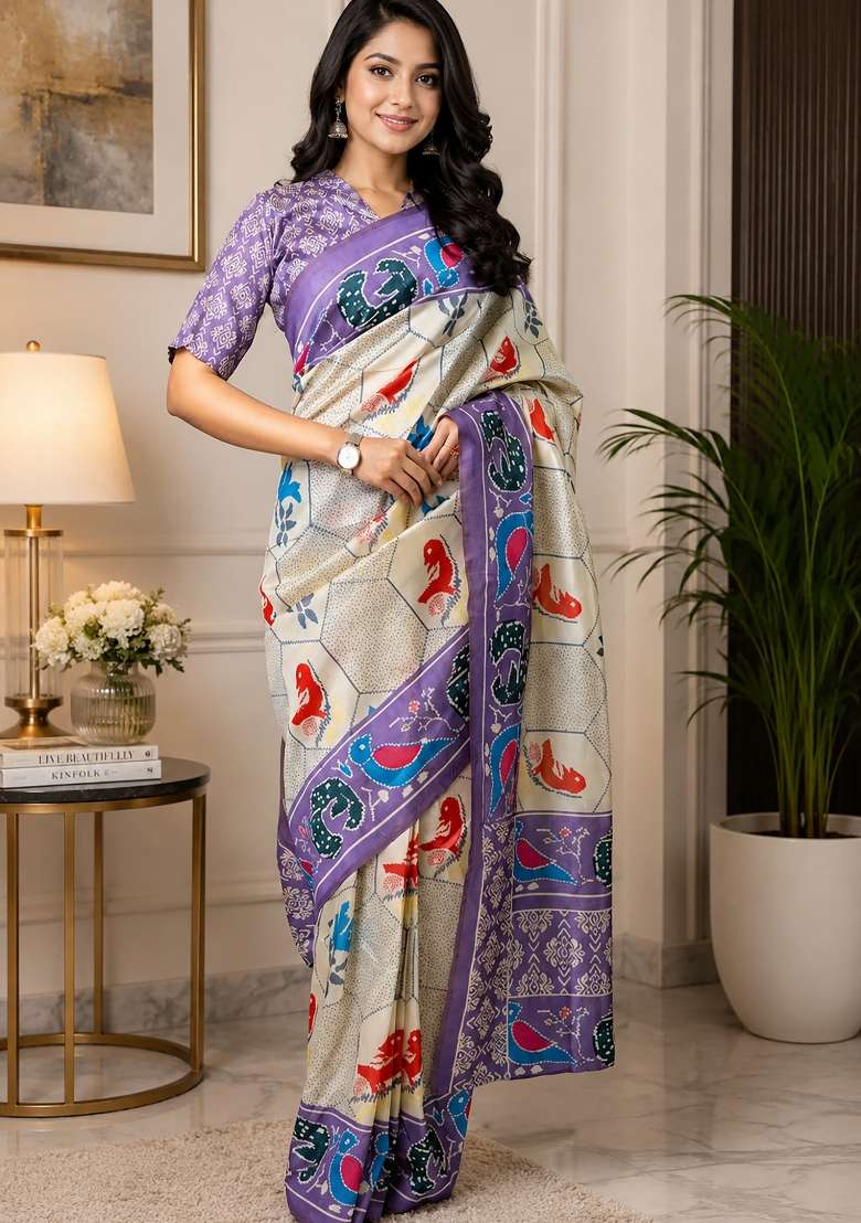 Cream And Lavender Bird Motifs Chanderi Saree Set for Diwali and Festive Wear - Indya