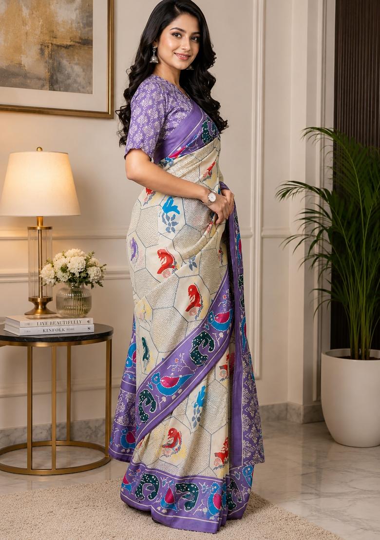 Cream And Lavender Bird Motifs Chanderi Saree Set - Indya