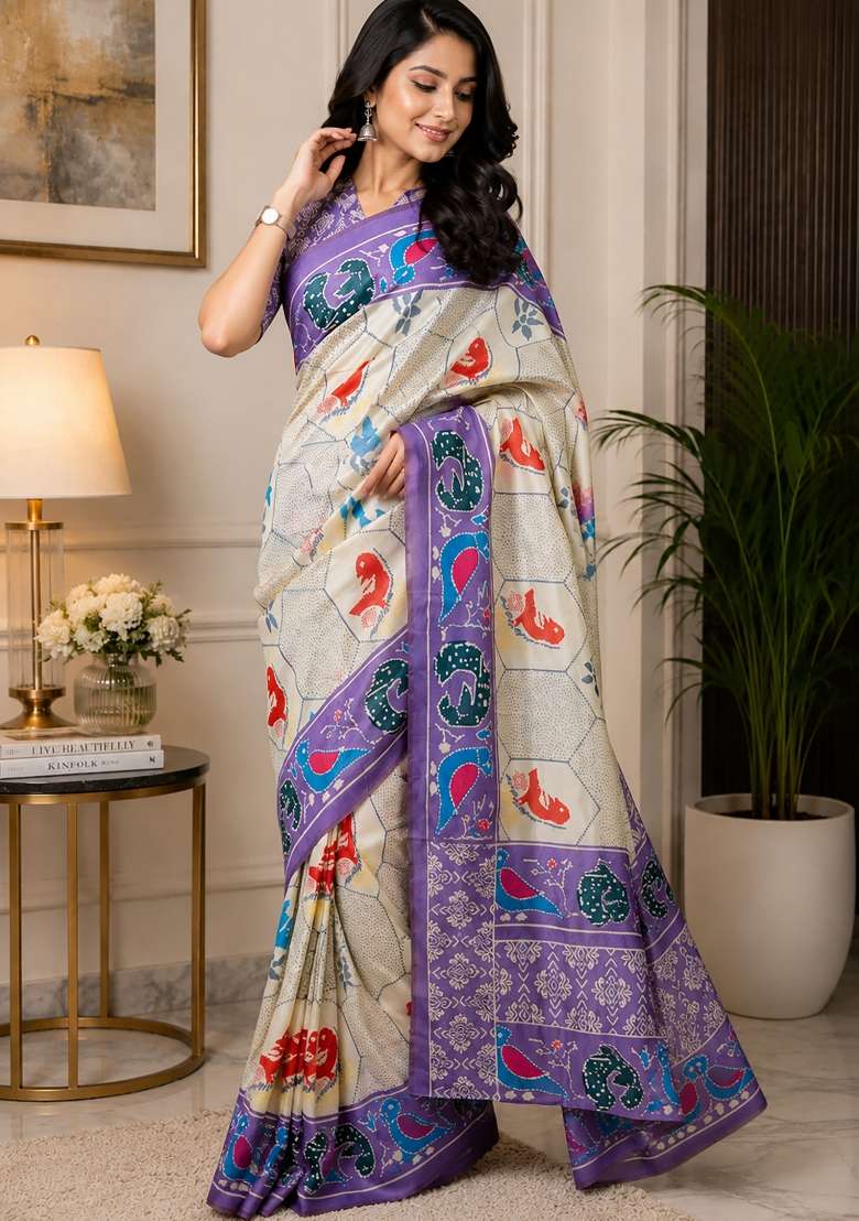 Cream And Lavender Bird Motifs Chanderi Saree Set for Diwali and Festive Wear - Indya