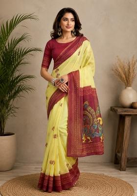 Yellow And Maroon Bomkei Chanderi Saree Set